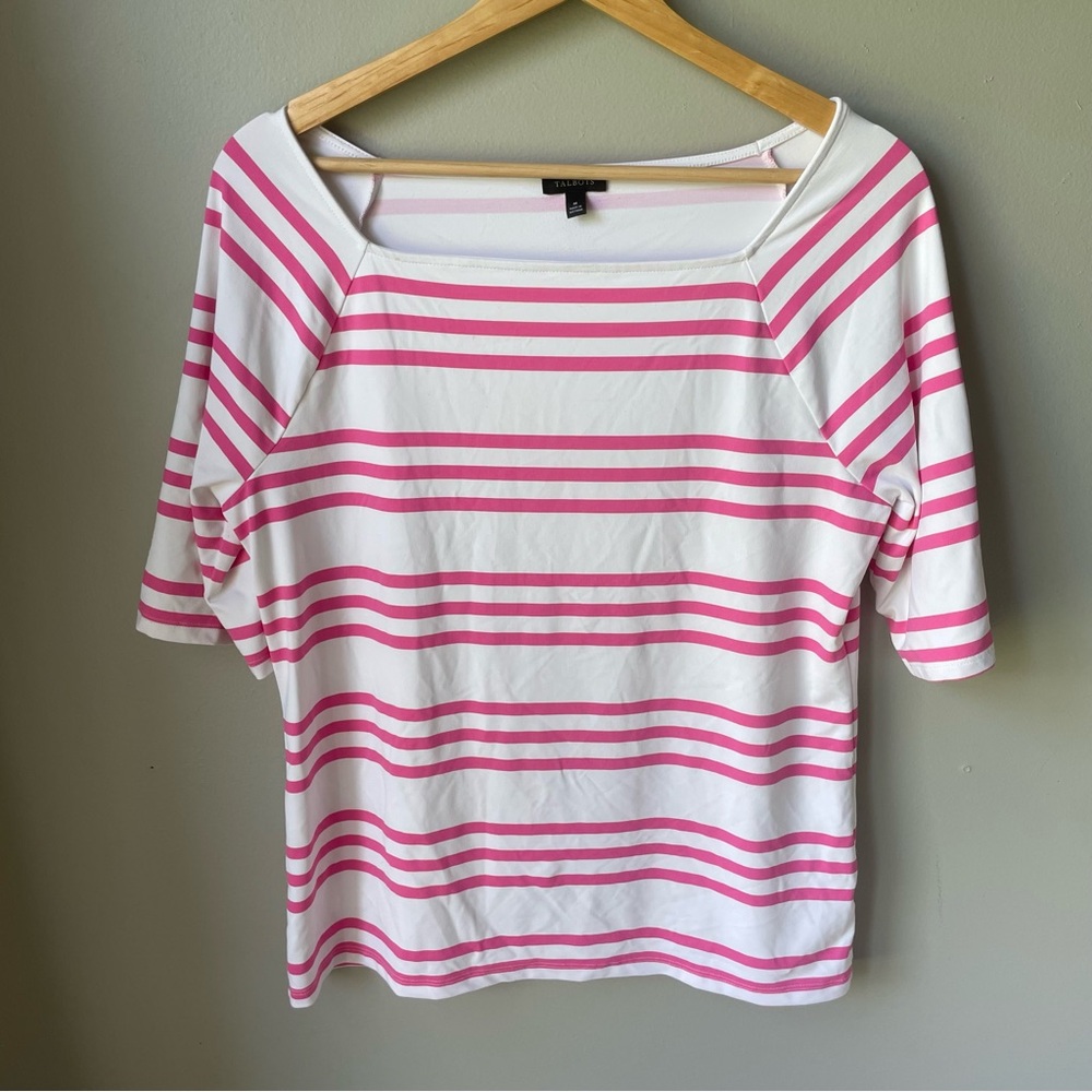 Talbots Size Medium Super Stretchy Pink White Short Sleeve Blouse Shirt Top‎